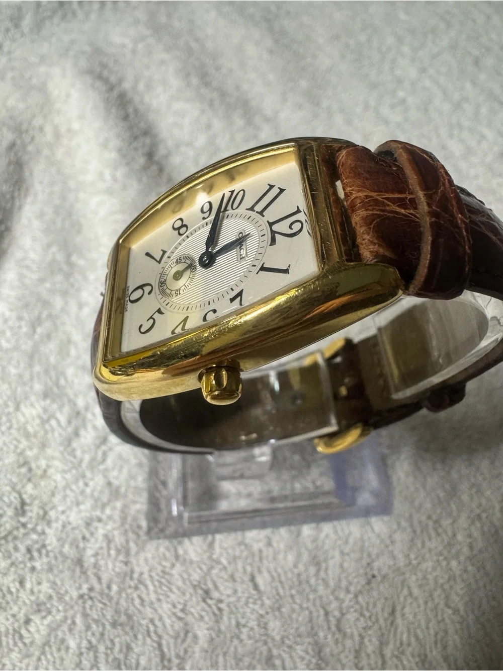 Coach Gold-Tone Tonneau Watch with Brown Leather Strap and Silver Dial